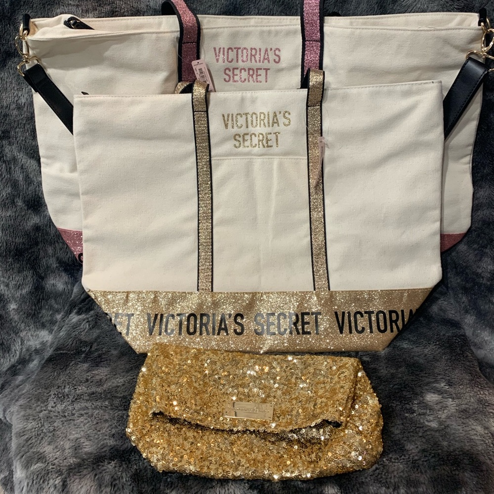 2 Victoria's Secret Totes w/ Gold Sequined Clutch